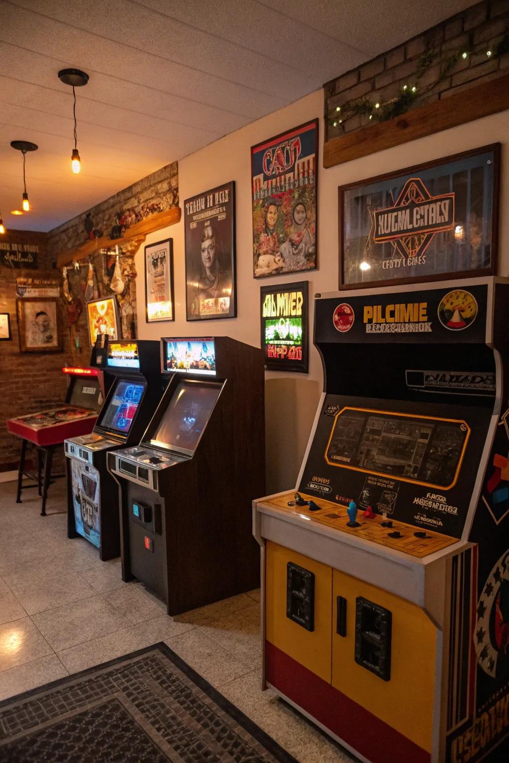 Old school arcade games bringing nostalgia to a man cave.