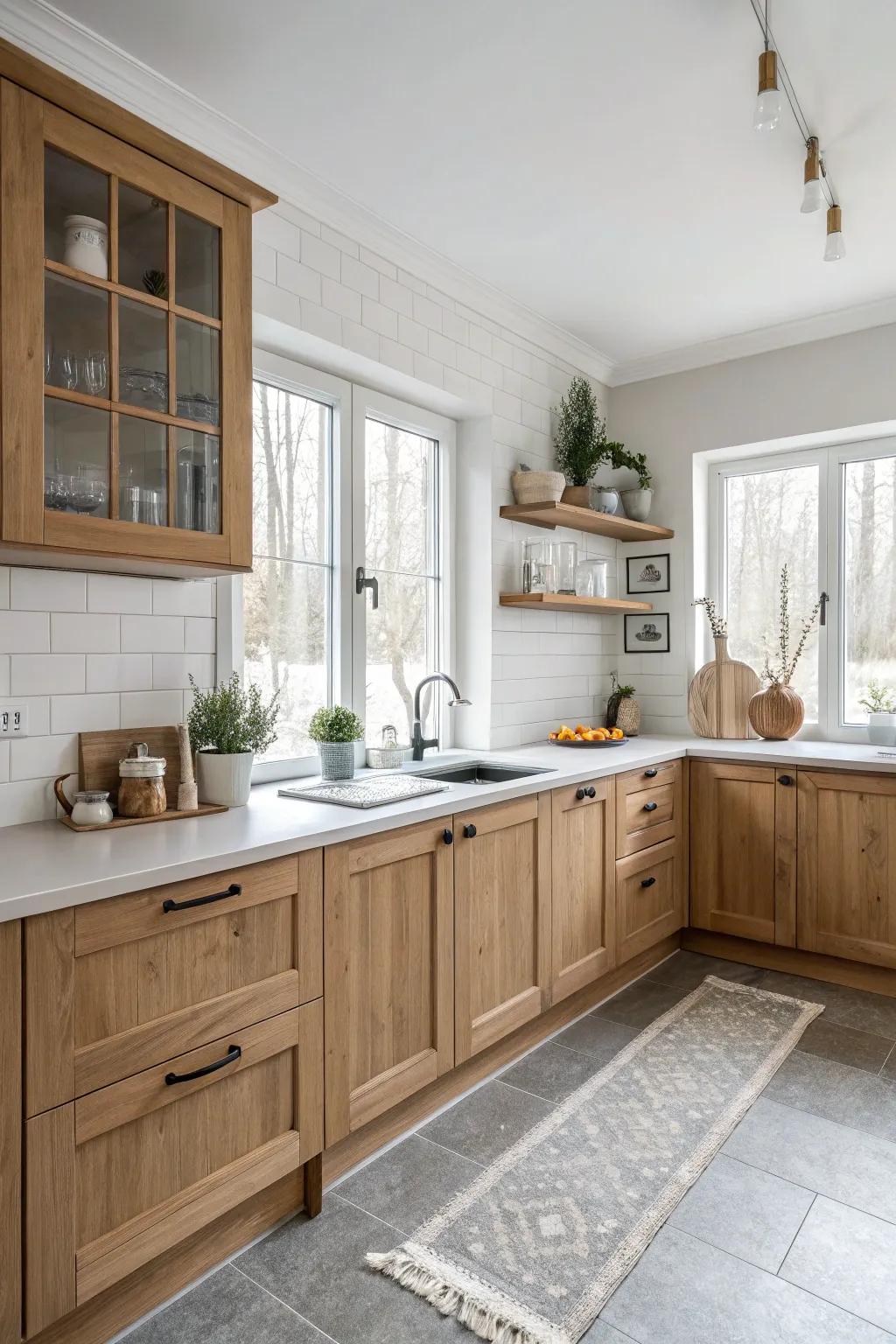 A serene Scandinavian-style kitchen with clean lines and birch units.