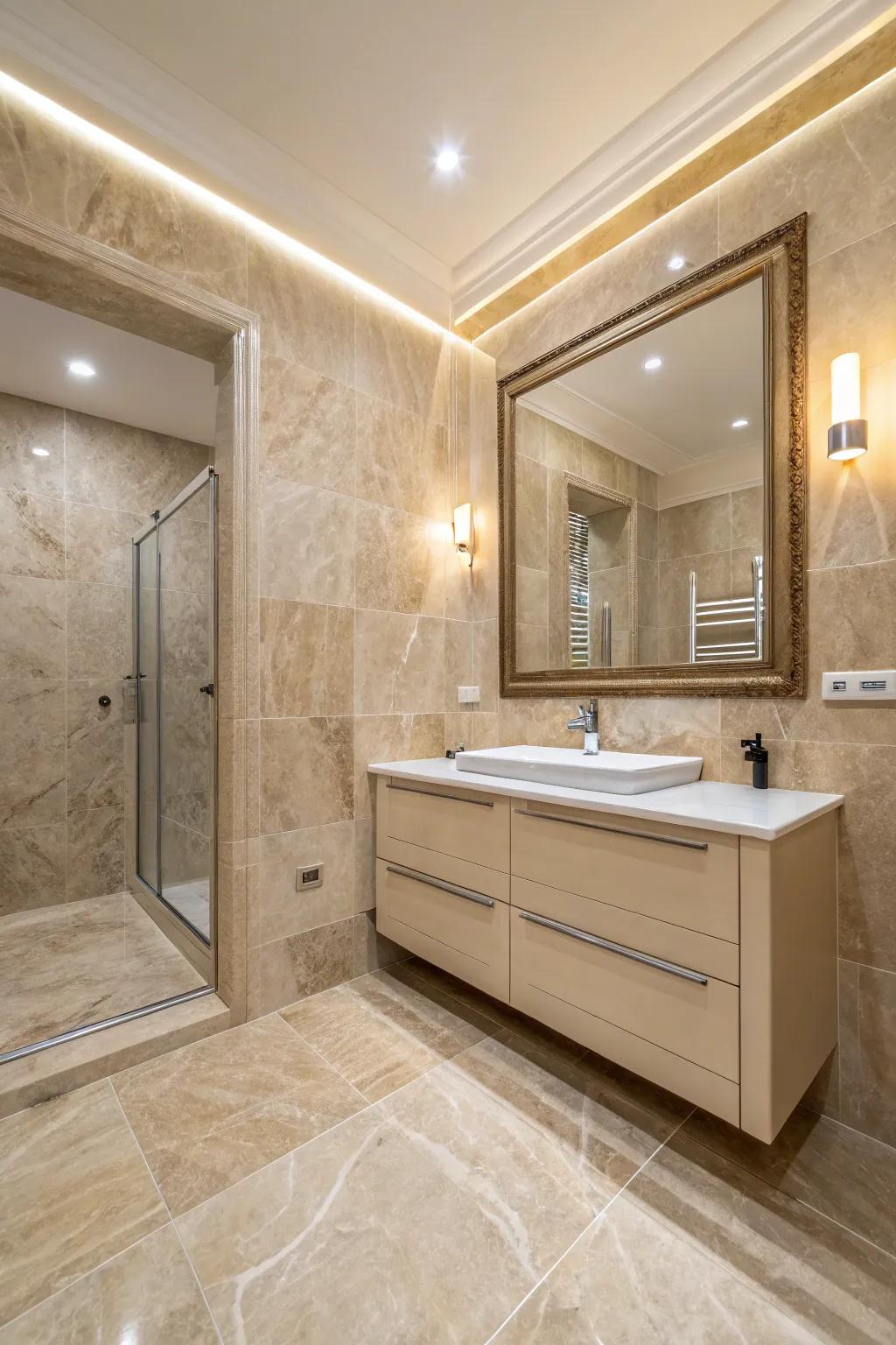 Beige-toned artificial marble stone surfaces providing warmth and coziness.