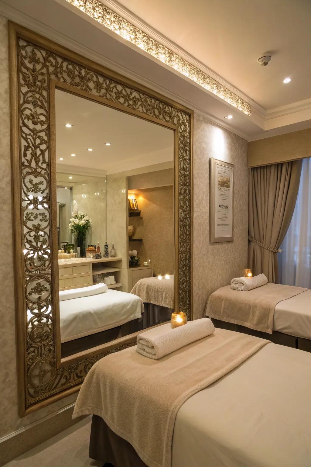 A design mirror adds depth and style to this massage space.