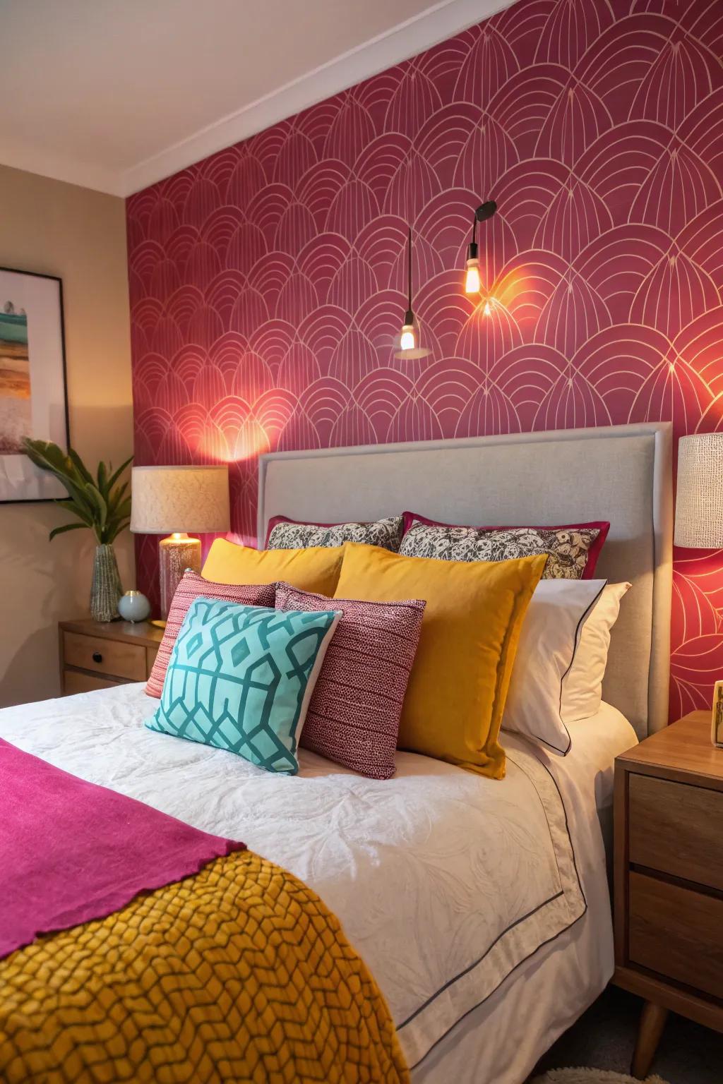 A boudoir with vibrant accent hues in bolsters and wall decor.