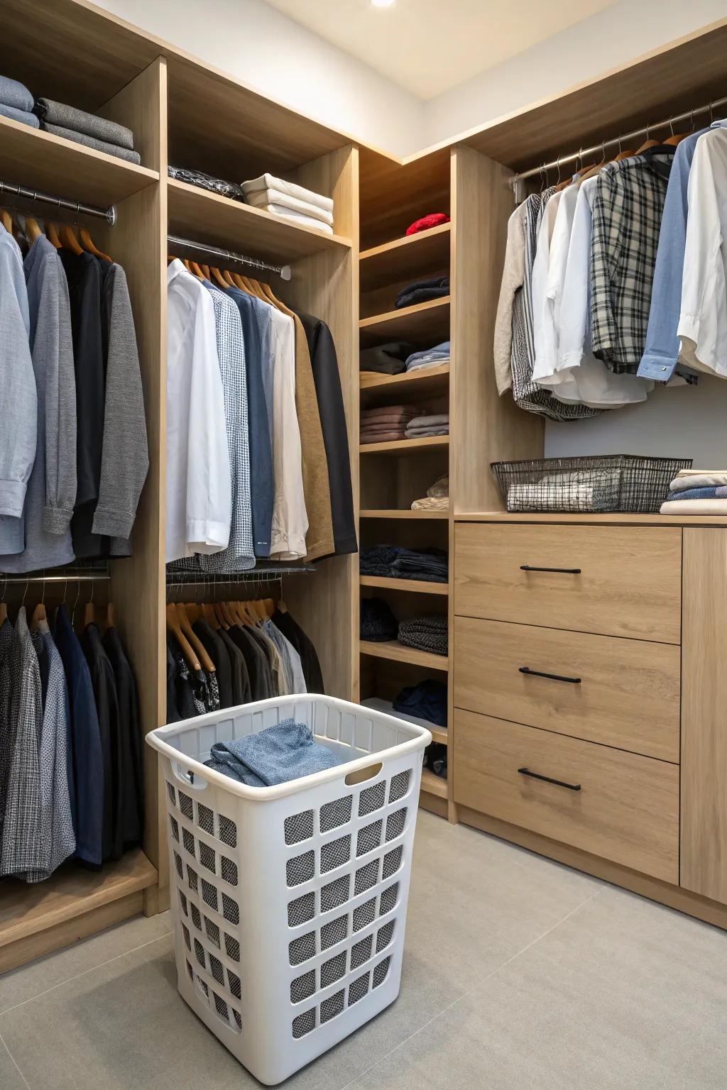 A built-in hamper ensuring a neat closet.