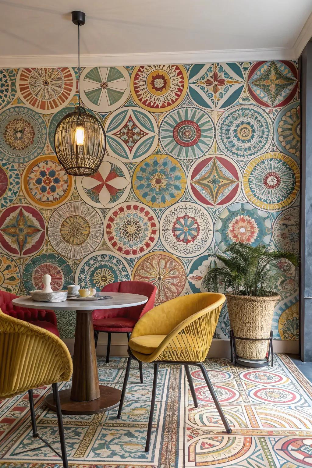 Artistic space featuring vibrant tessellations era wall covering.