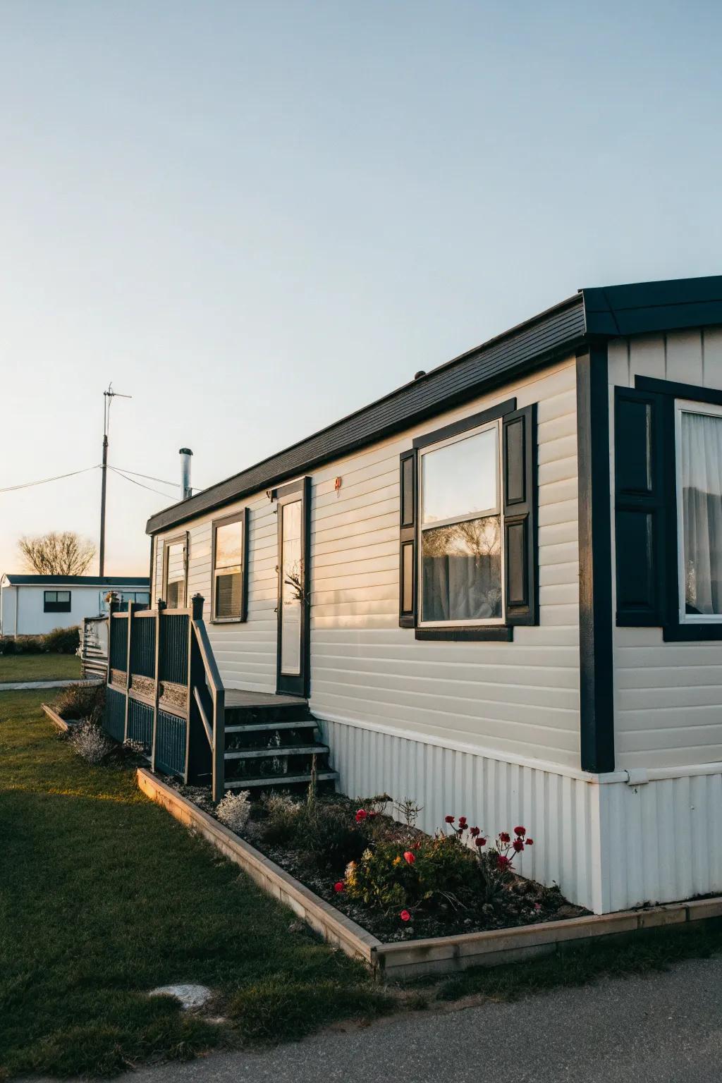 Dark window trim crafting a striking contrast on a manufactured home.