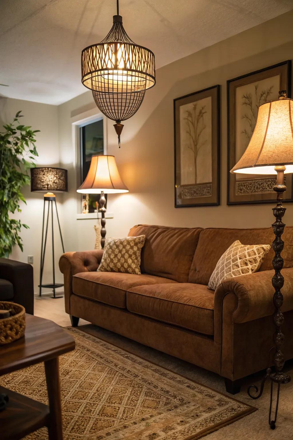 Layered lighting infuses flexibility and mood-setting options across the cocoa-colored sofa.