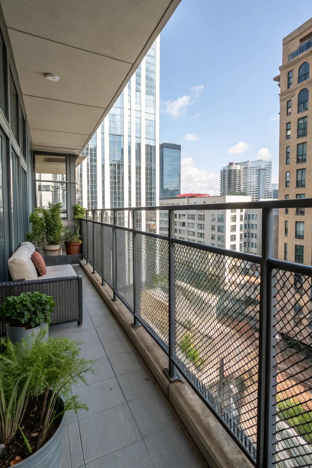 Balcony featuring alloy mesh panel railings in an urban loft