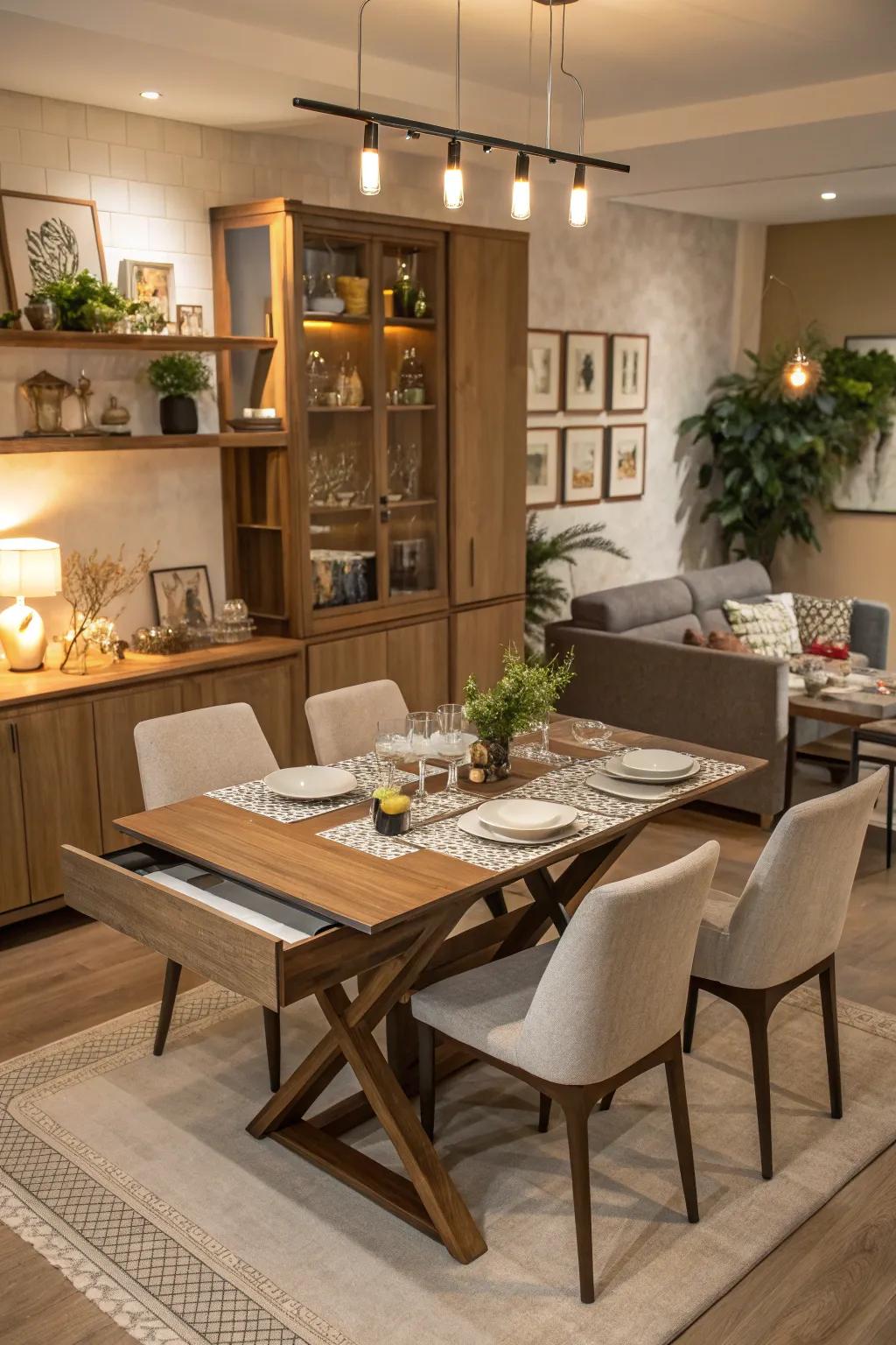 Versatile furniture maximizes space and utility in the dining room.