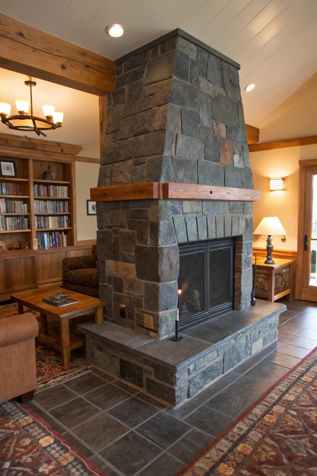 Countryside charm of slate tile fireplace.