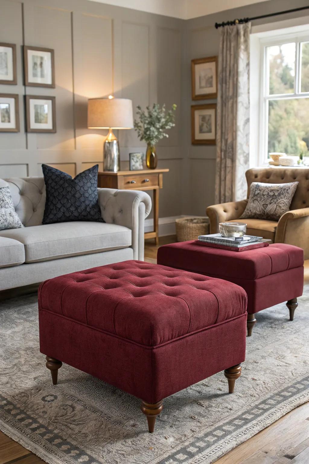 Living area featuring wine upholstered stools and slate decor.