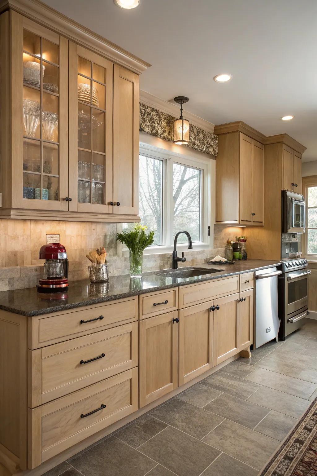 A mix of traditional and modern styles creates a distinct kitchen atmosphere.