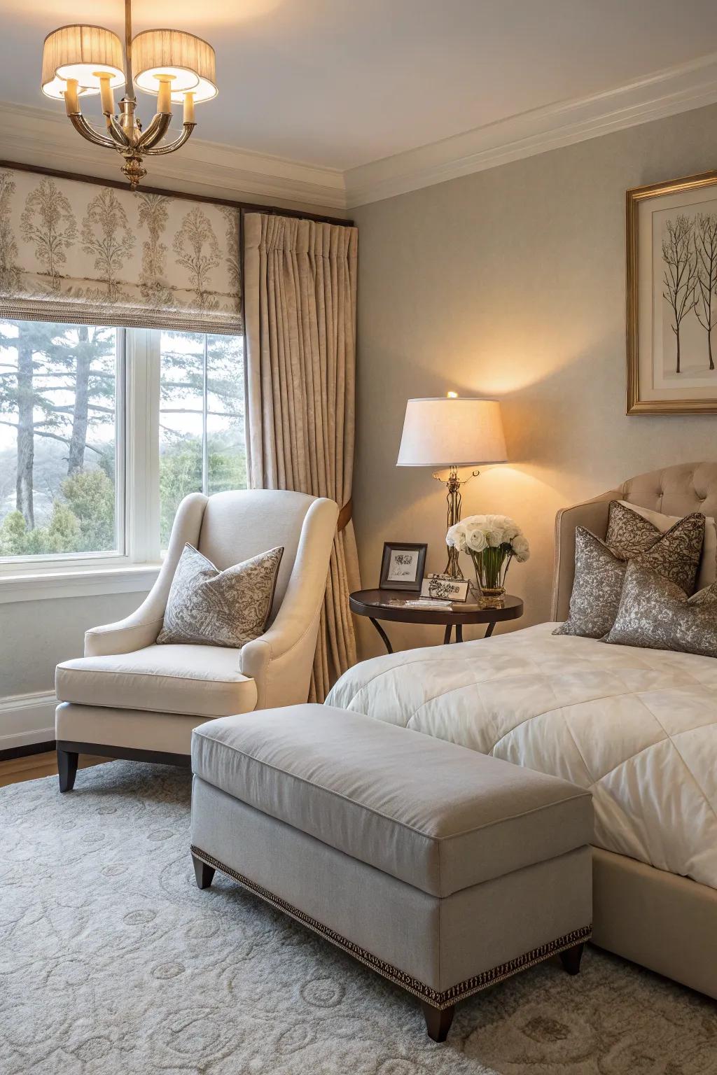 A comfortable seating space elevates the luxury of this bedroom.