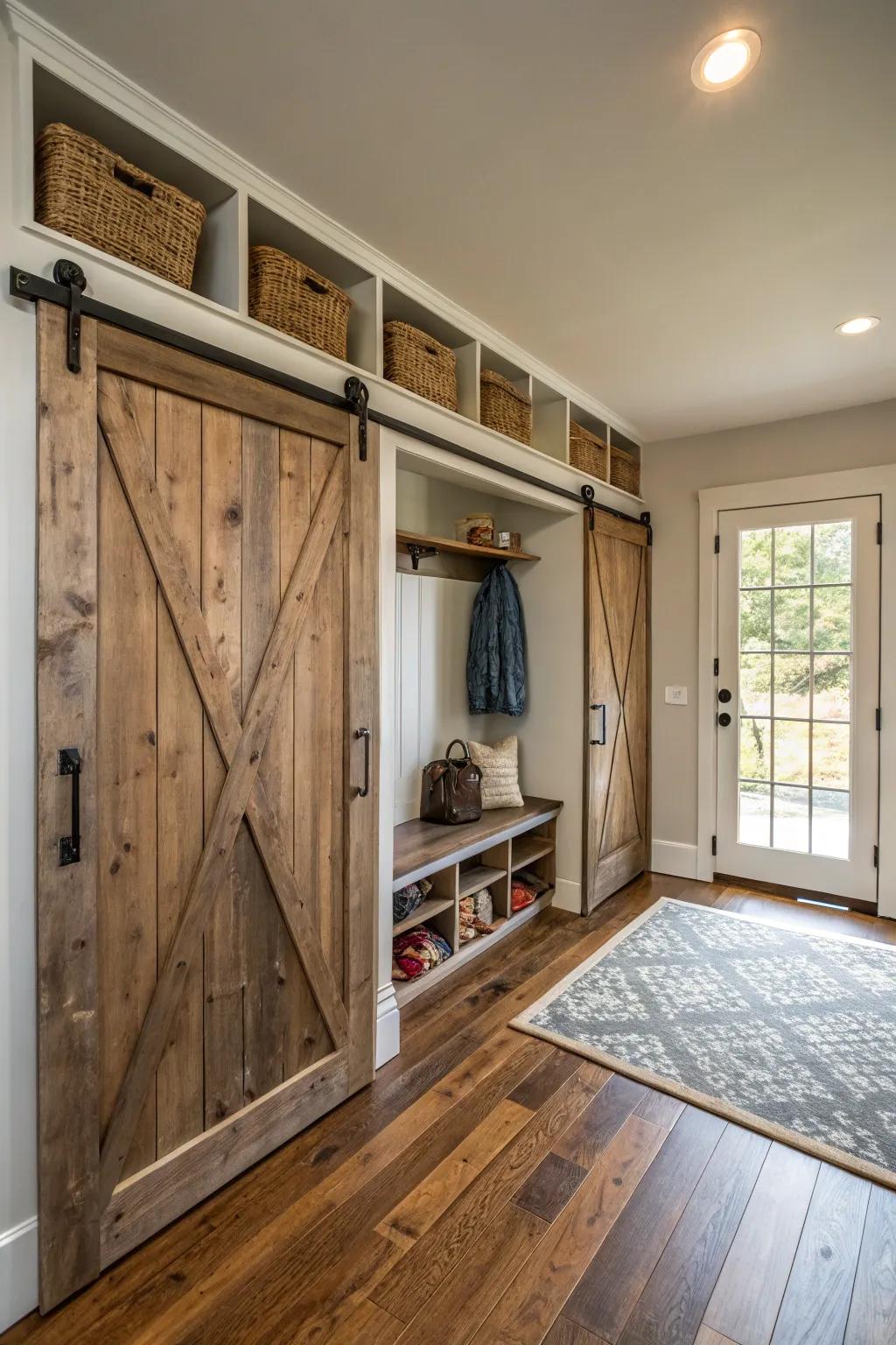 Barn-style sliding doors add charm and save space.