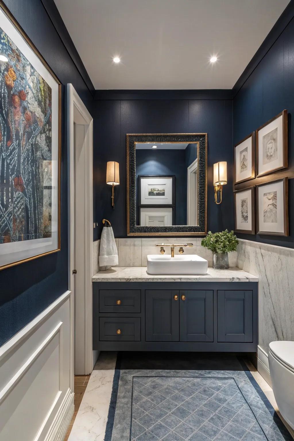 Contemporary artwork adds personality to deep ocean bathrooms.