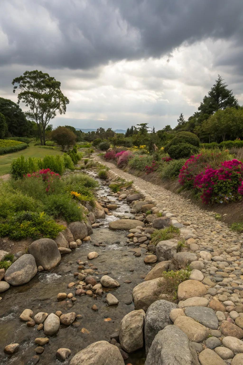 A dry riverbed contributes a flowing, authentic element to your garden.