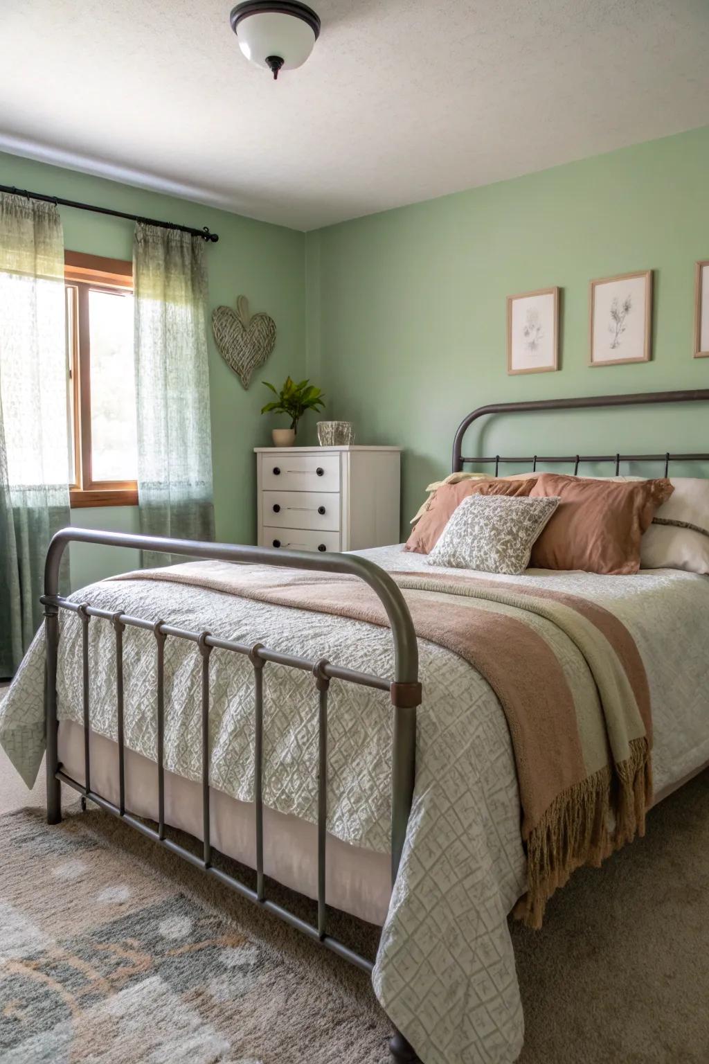 Industrial elements and avocado-toned offer a modern, soothing space.