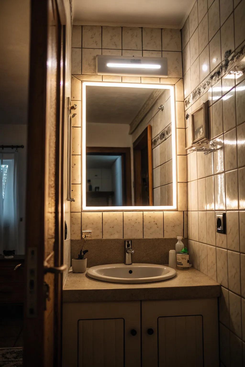 A backlit looking-glass contributes opulence and illumination to this compact bathroom.