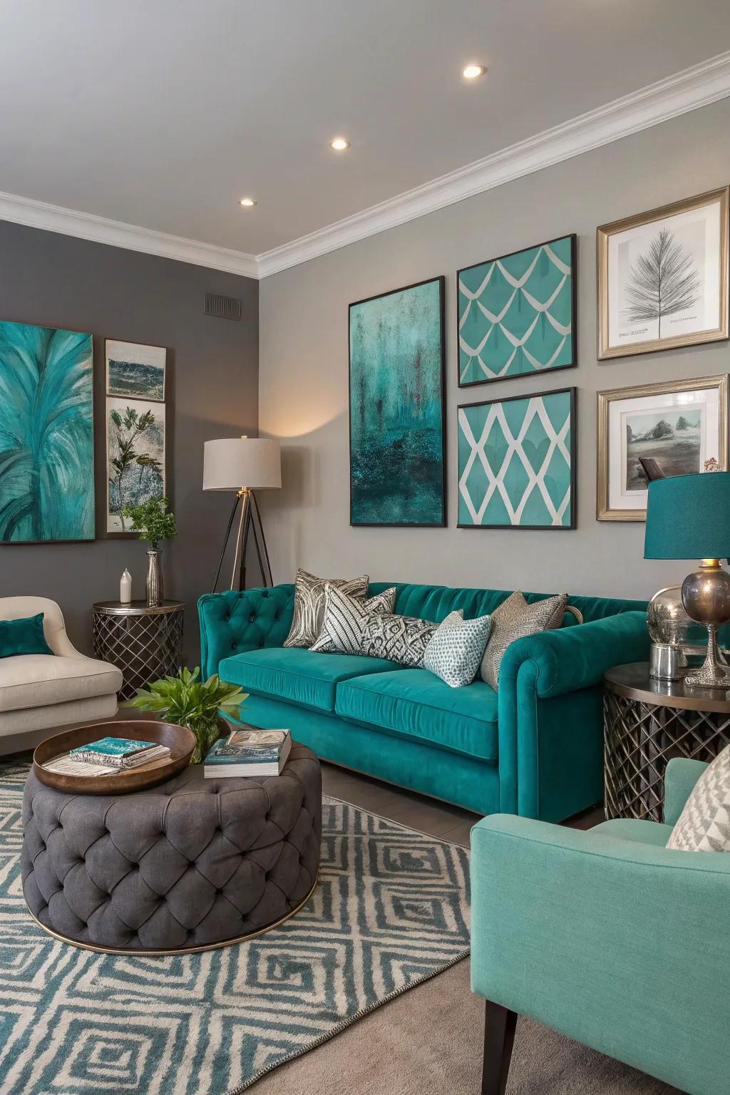 Artistic elements in aquamarine and ash add personality to the family room.