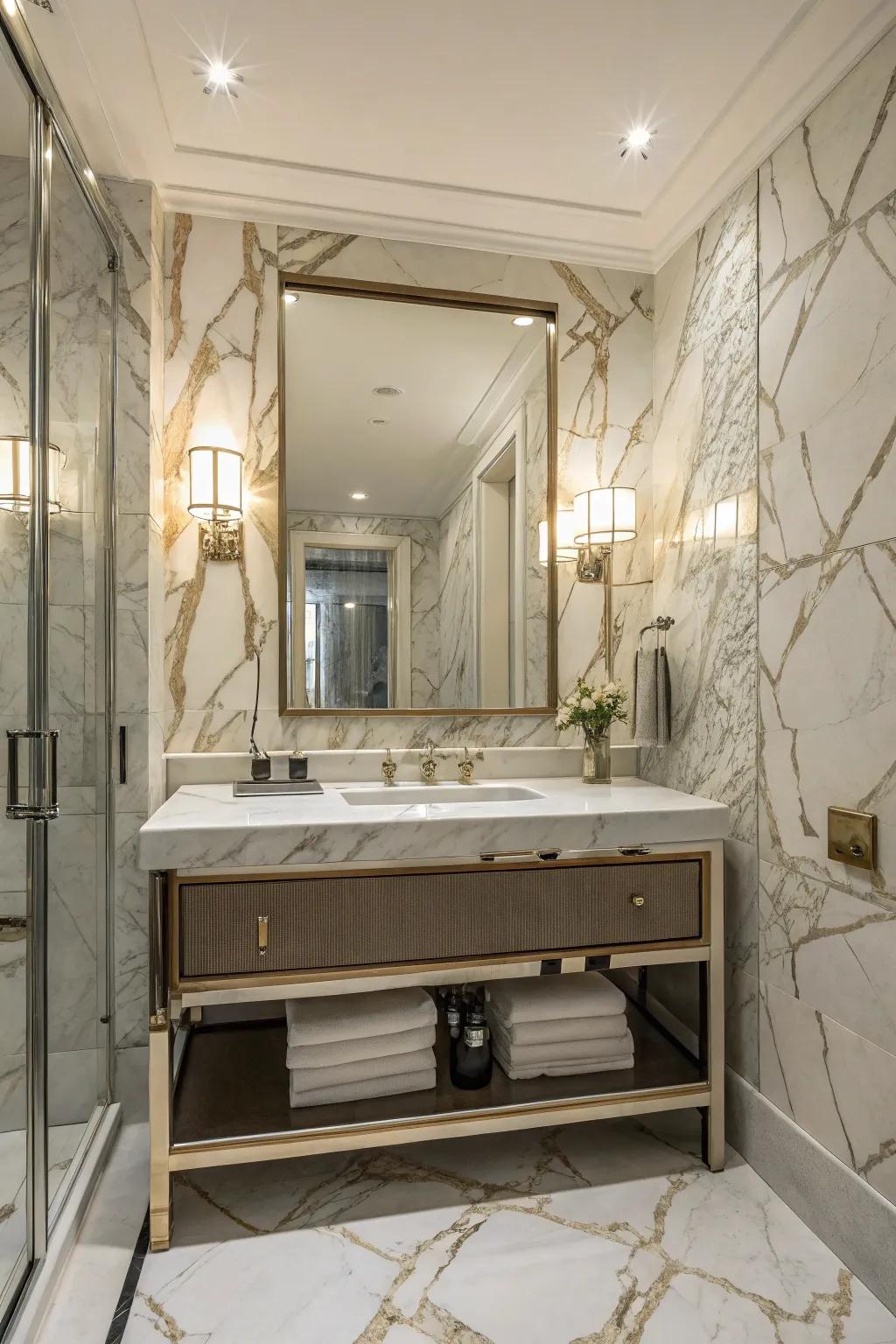 Stone effect wallcovering adds elegance to a bathroom.