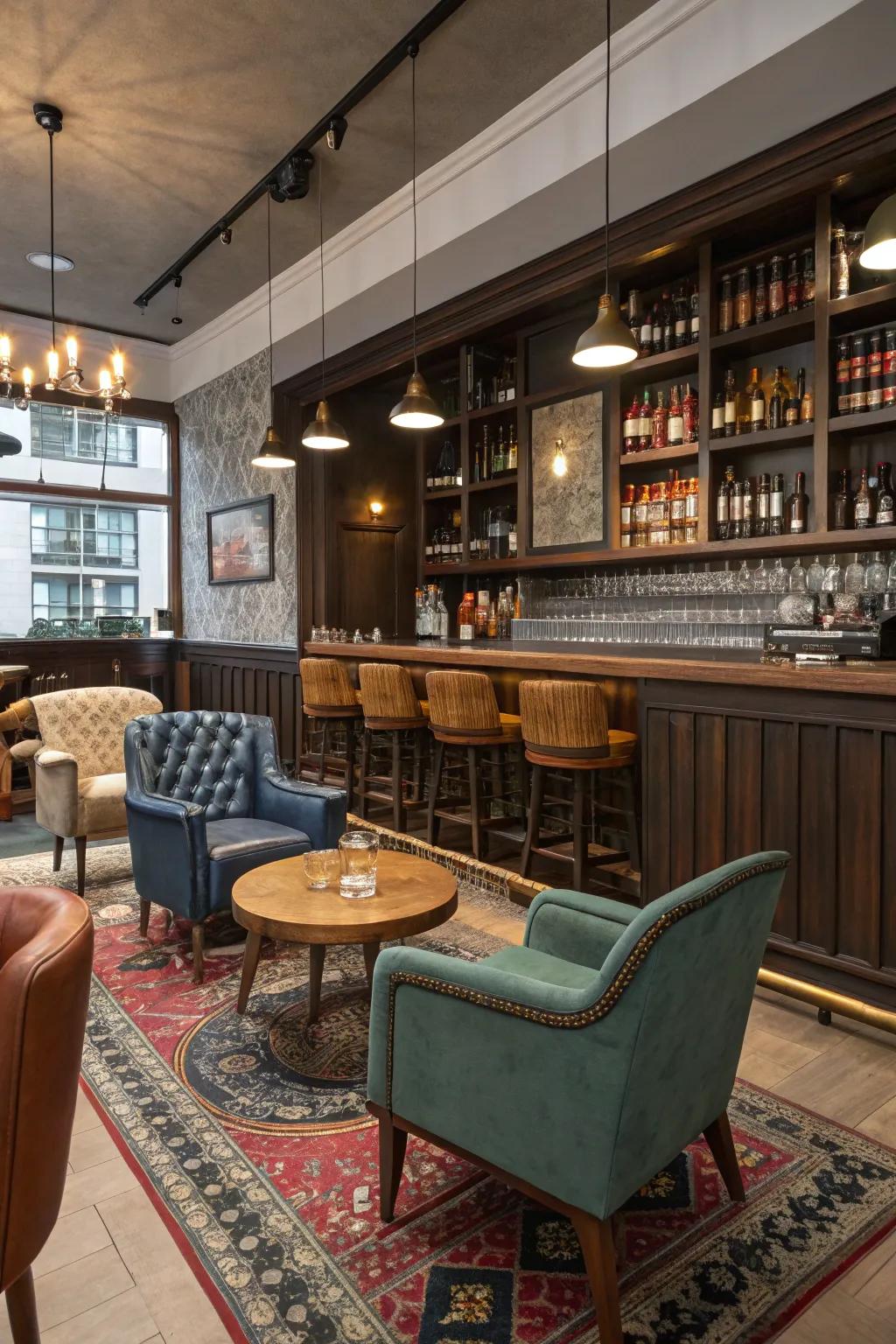 Eclectic furniture choices create a distinctive and personal spirits room.