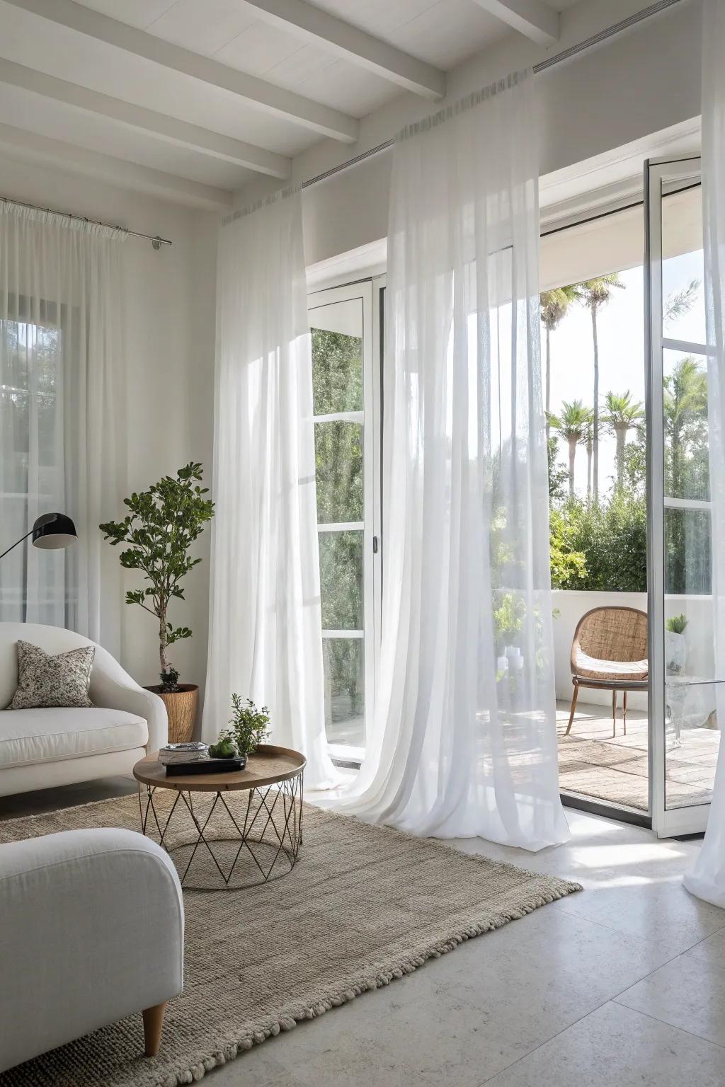 Sheer window coverings contribute softness to a contemporary white lounge.