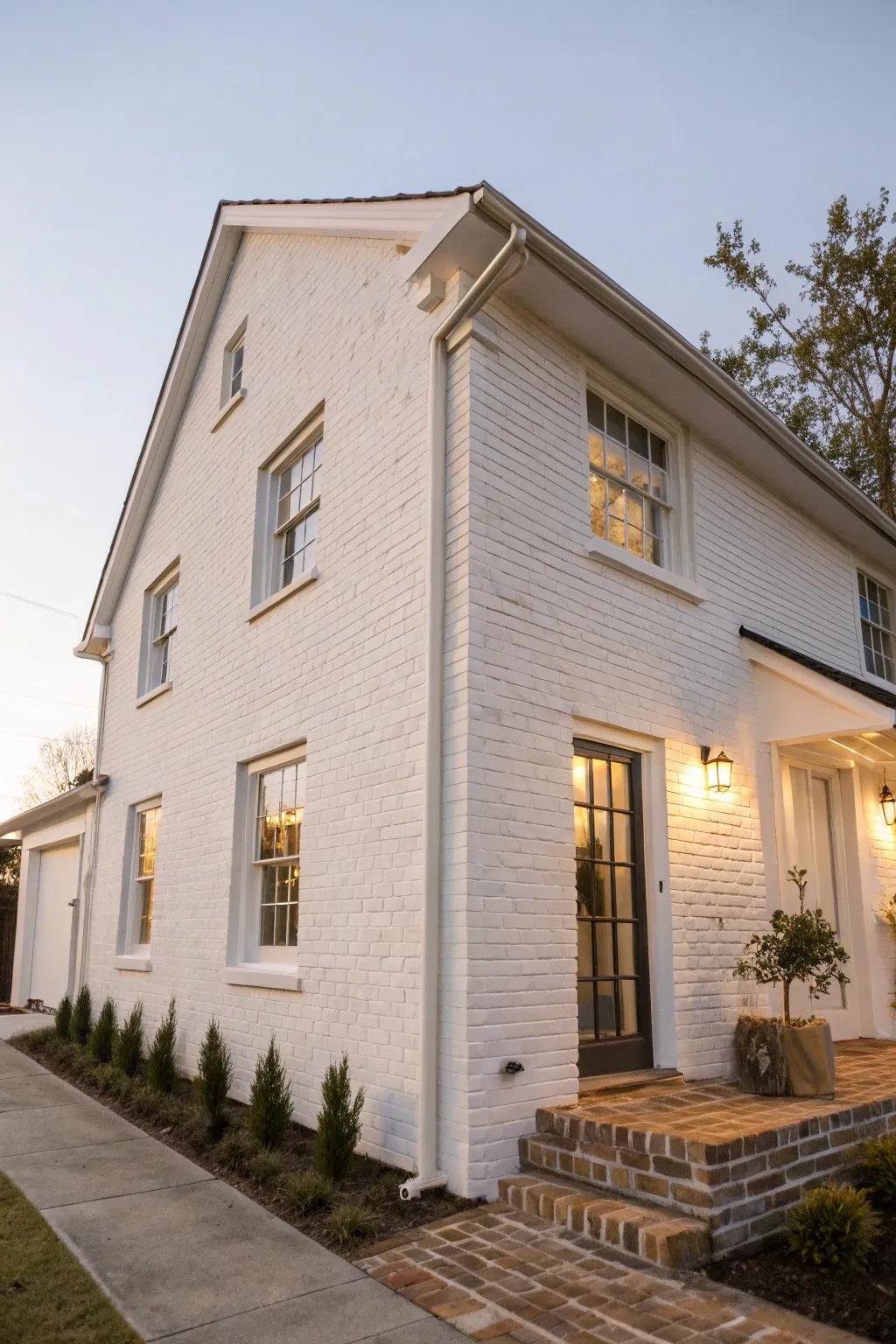 A soft, country charm achieved with limewashed brick on a modern white house.