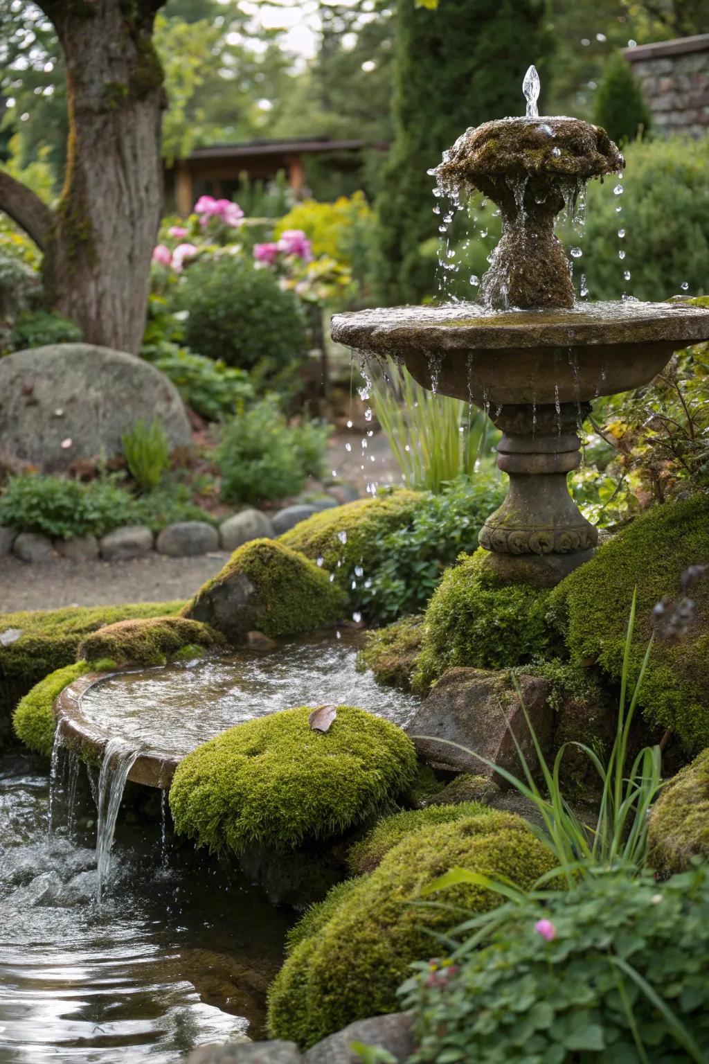 A tranquil water feature showcasing water flowing over algae stones.