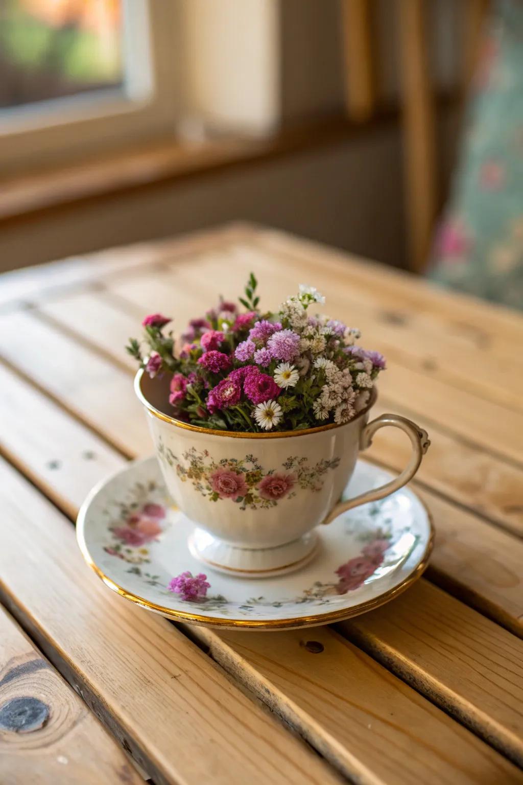 A classic beverage container transformed into a quaint flower pot.