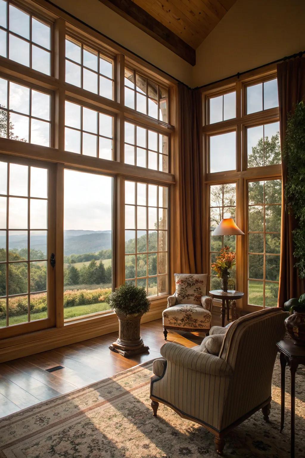 A bright room featuring broad windows maximizing natural illumination.