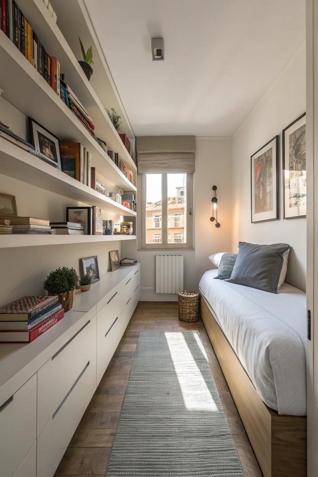 Hanging furniture adds a modern touch while conserving space in a slender bedroom.