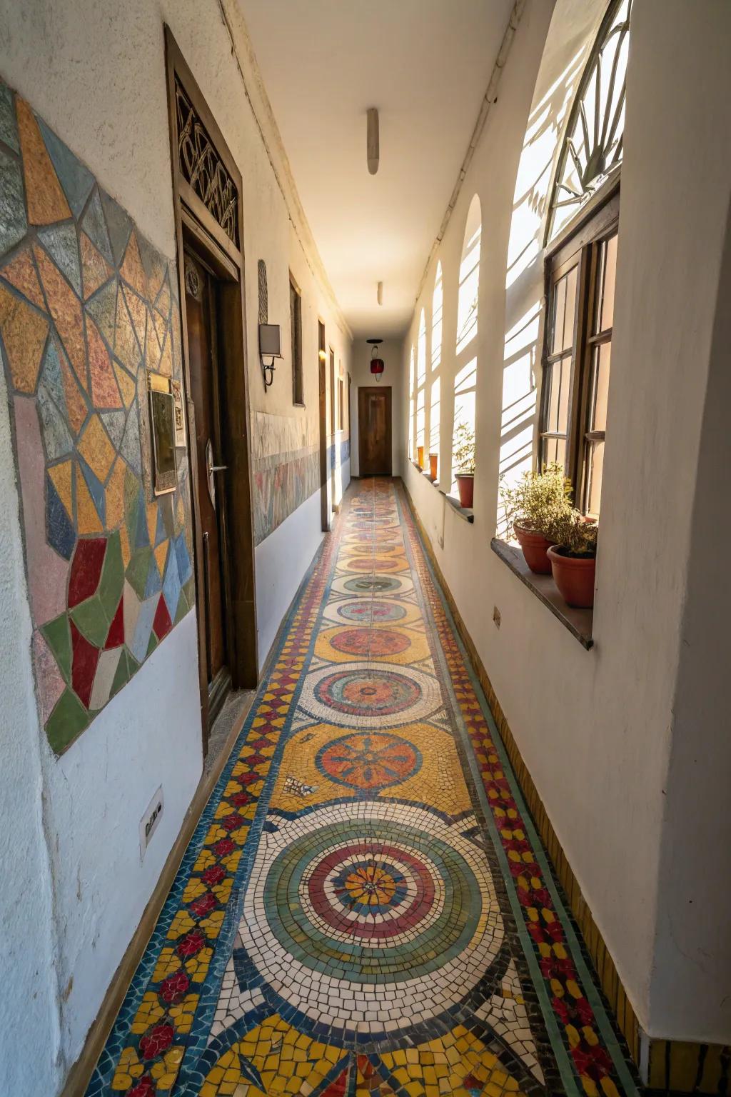 Small-piece tiles contribute a colorful and artistic touch to slender hallways.