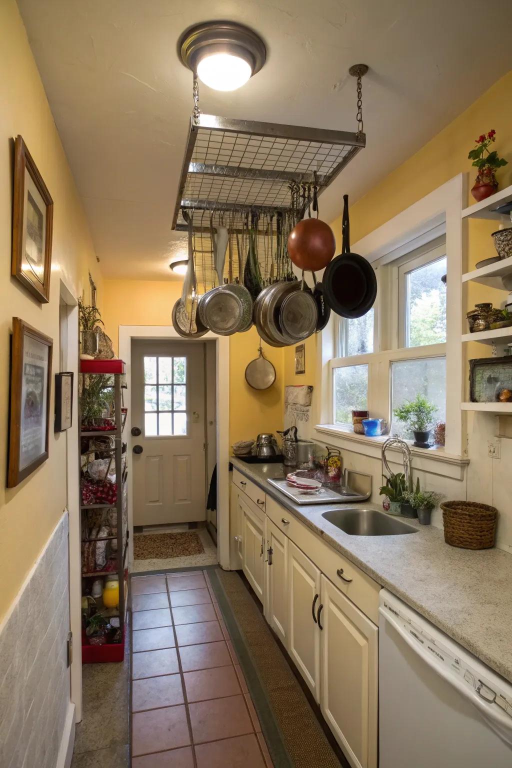 Roof space maximizes every inch of a narrow kitchen.