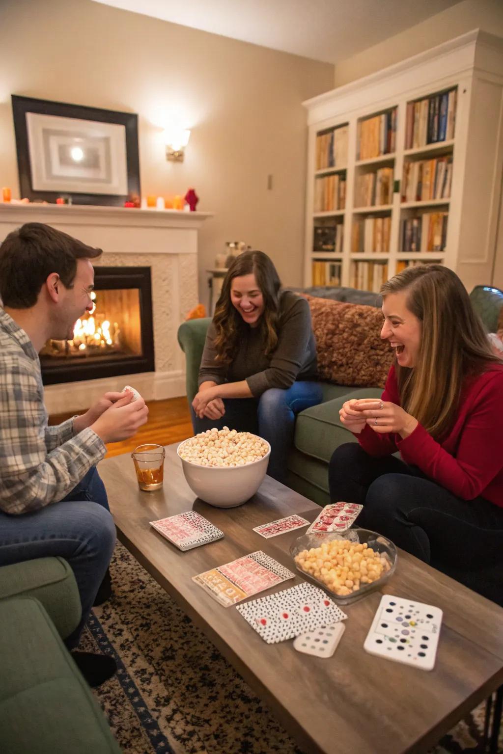 A cordial diversion of popcorn bingo imparting mirth to a social event.
