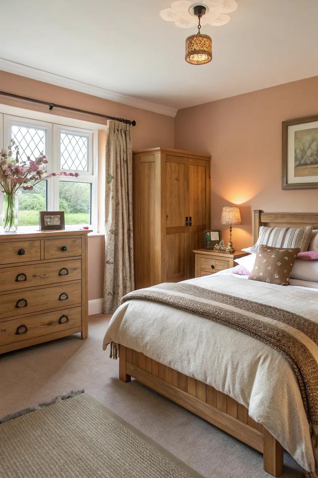 Natural wood tones complement coated walls nicely.