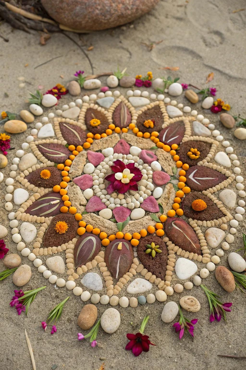 A balanced symbol collage utilizing organic items.