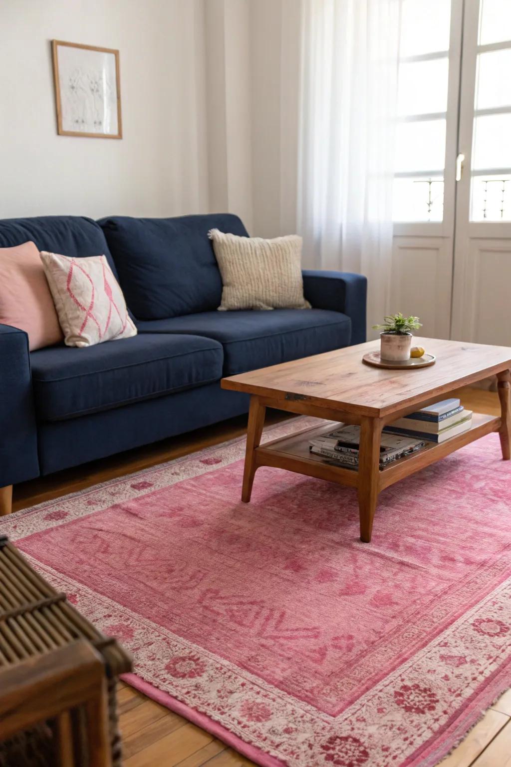 A rose floor covering beautifully anchors the seating area.