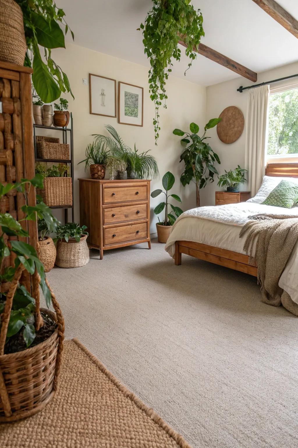 Carpets with earthy shadows create a grounded, stable environment.