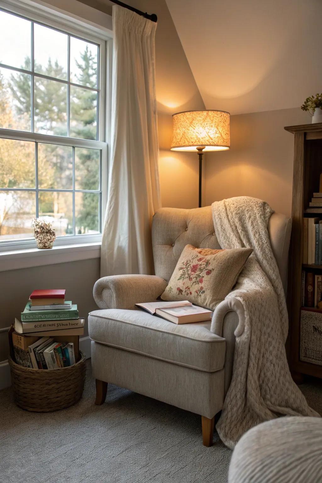 A reading nook provides a personal getaway in the bedroom.
