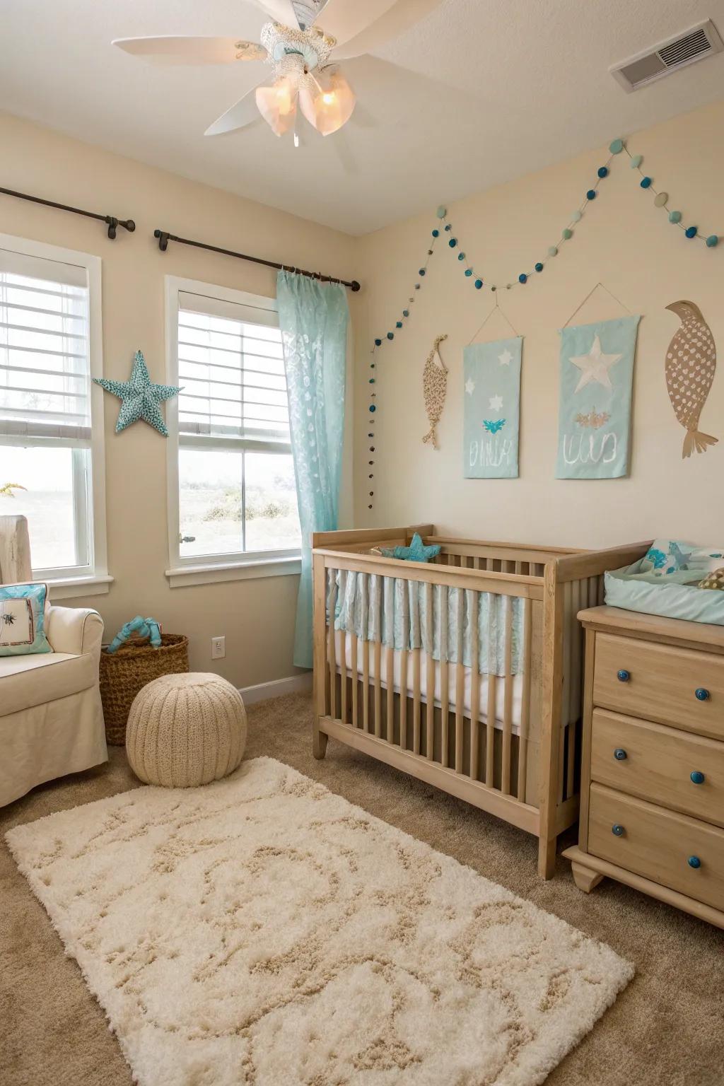 A nursery featuring calming shore tones.