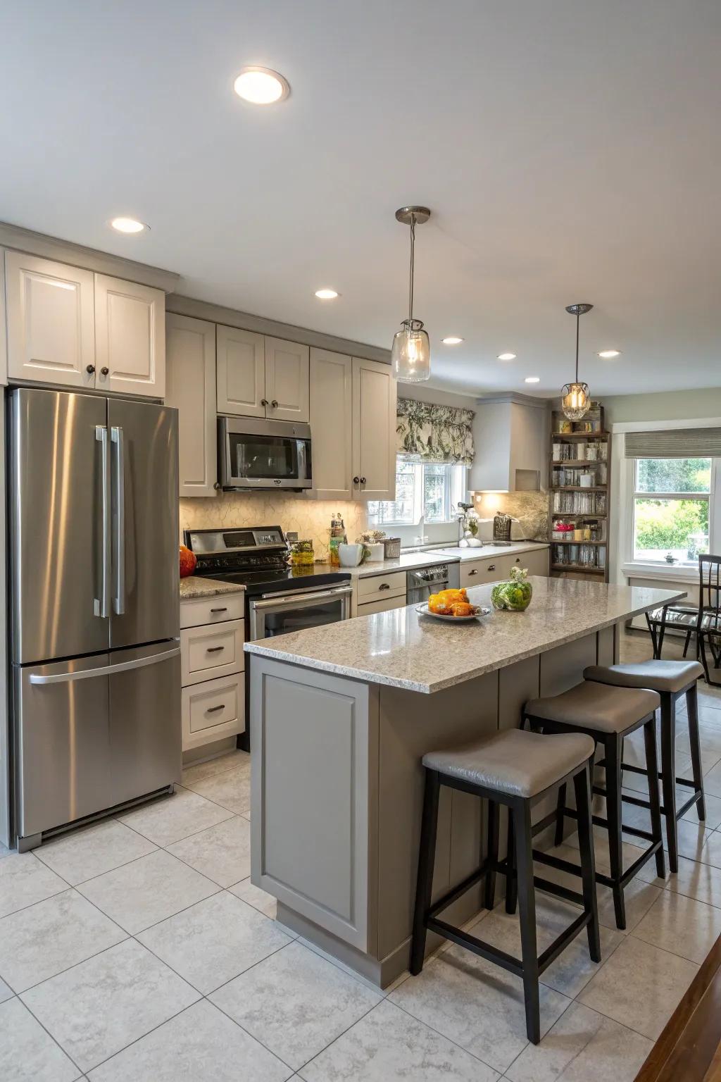 A kitchen designed with a peninsula, delivering practicality through a streamlined design.