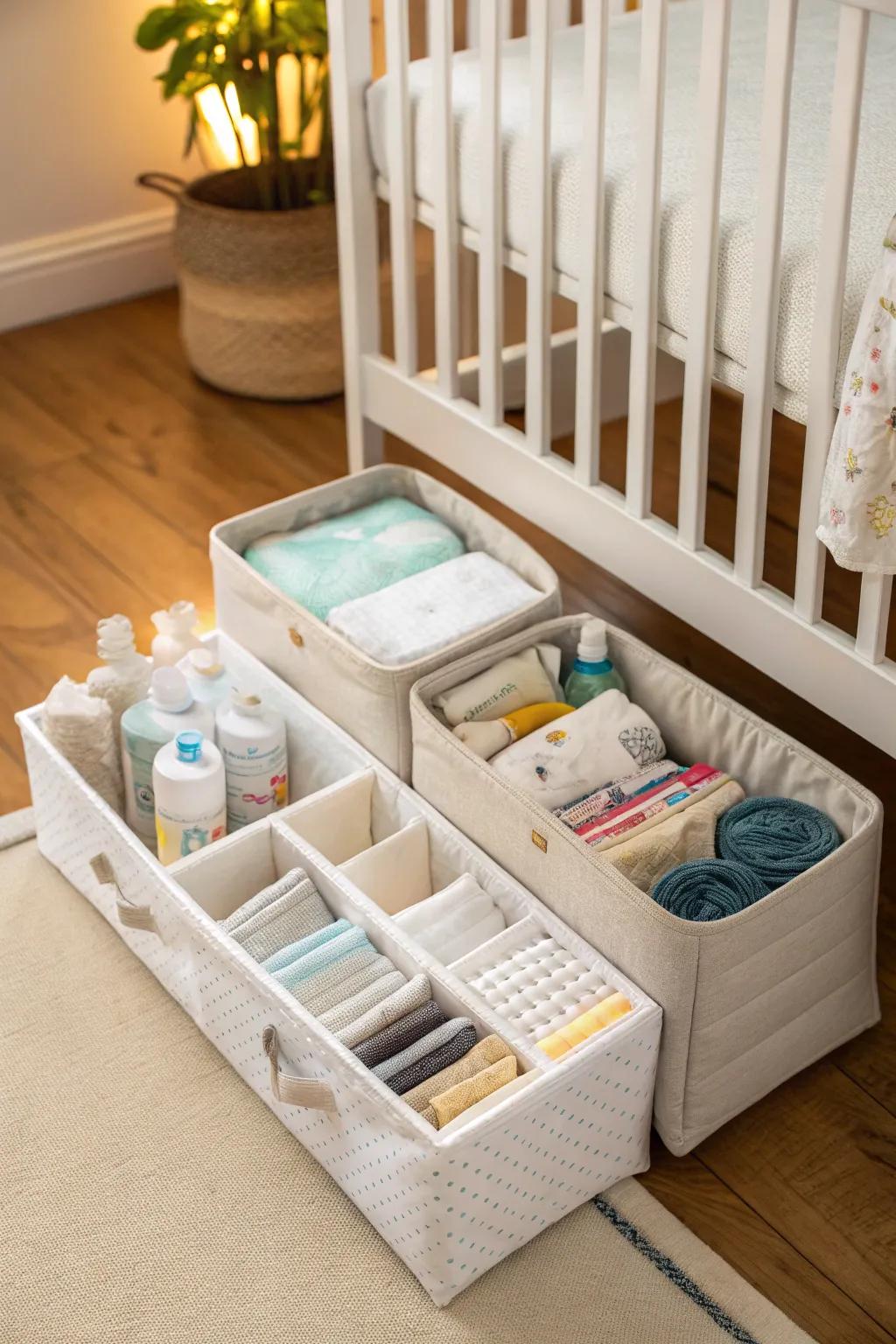 Smart use of under-bassinet space for added storage.