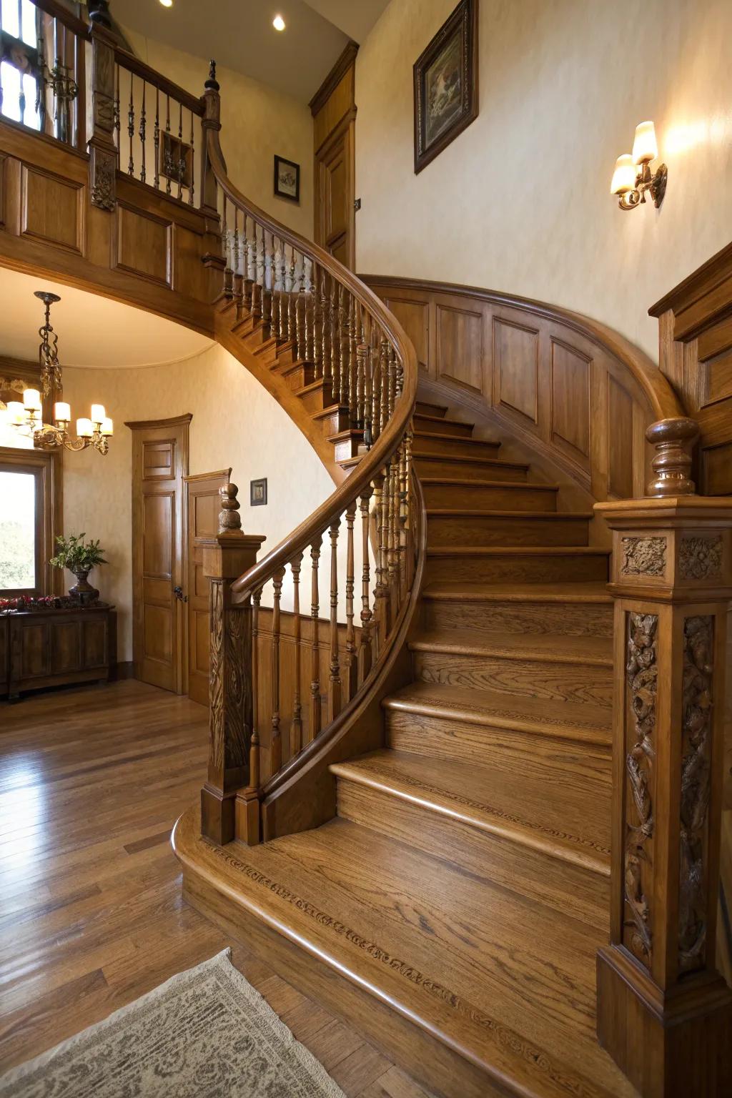 Curved elements bring elegance and grace to a maple staircase.