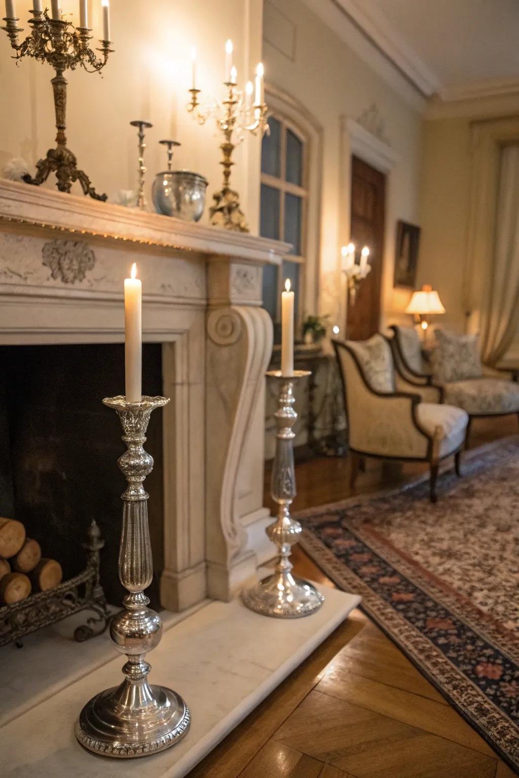 Silver candlesticks add a romantic touch.