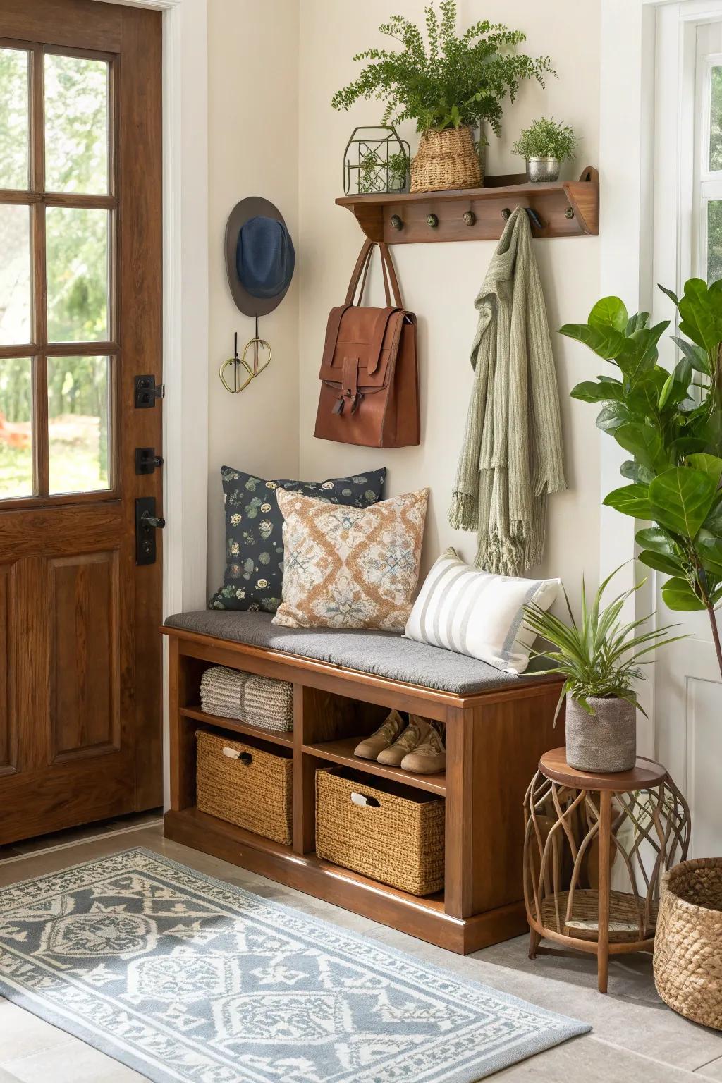 Furniture with multiple functions maximizes space and usefulness in an entryway.
