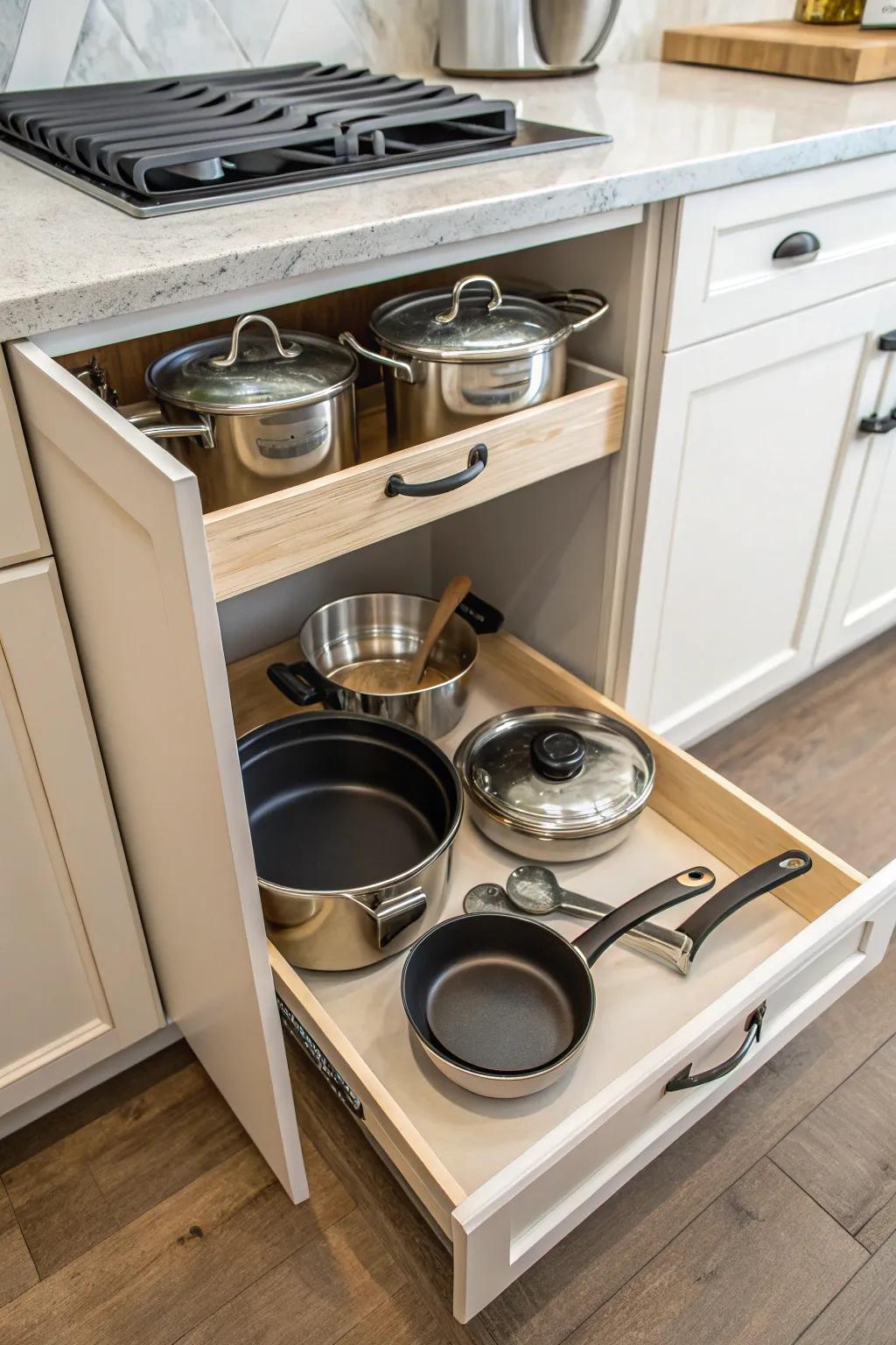 Custom built-in cupboard perfectly organizing cookware.