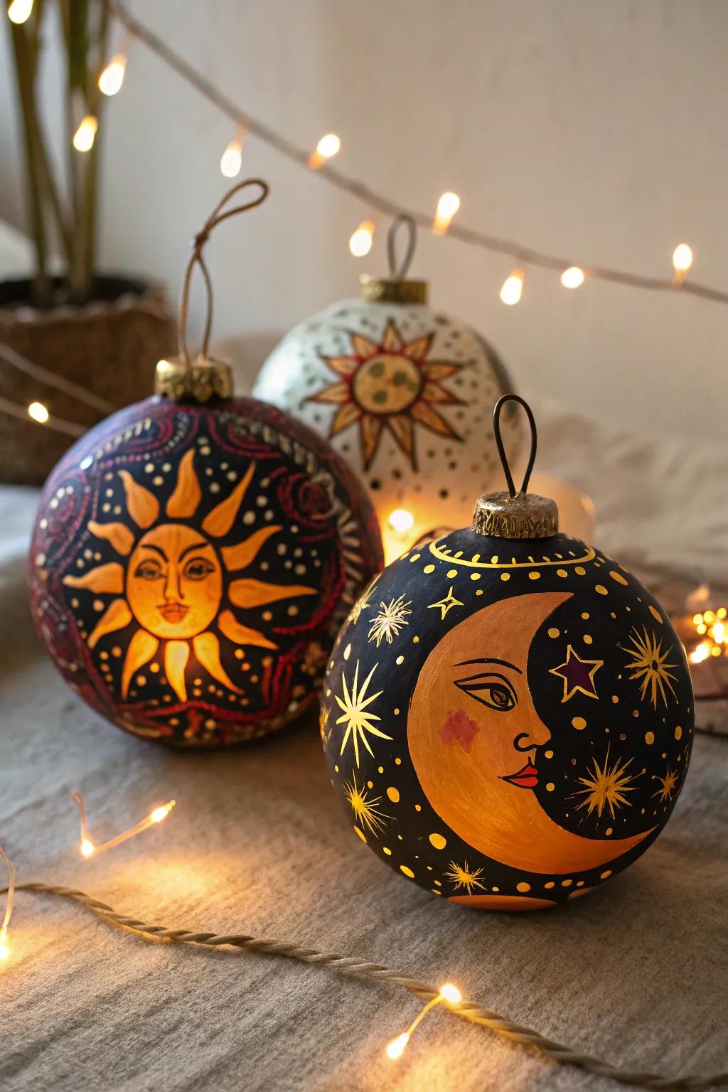 Celestial sun and moon baubles offer a mystical touch to festive decor.