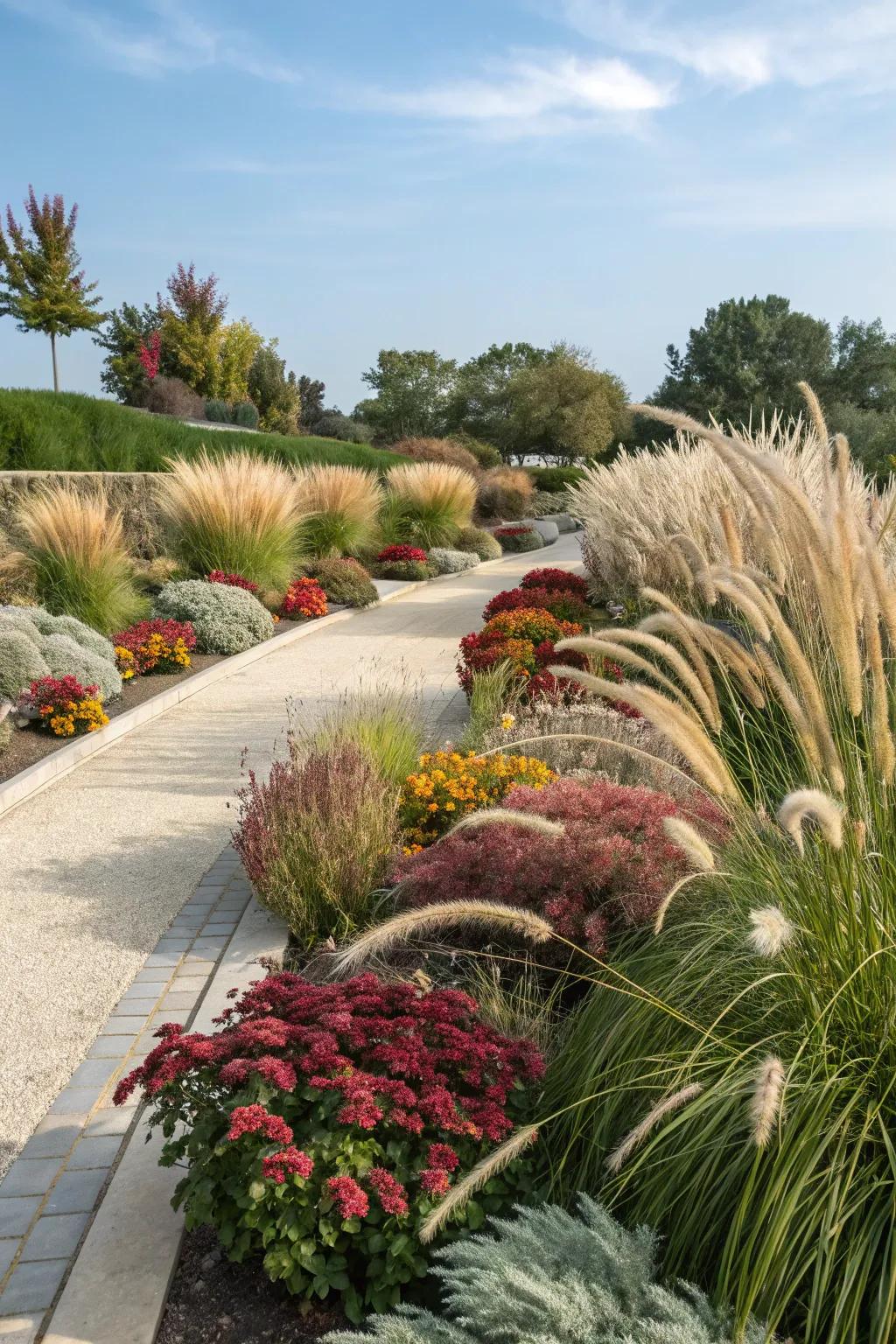 Tone reverberations in garden plan utilizing decorative grasses.