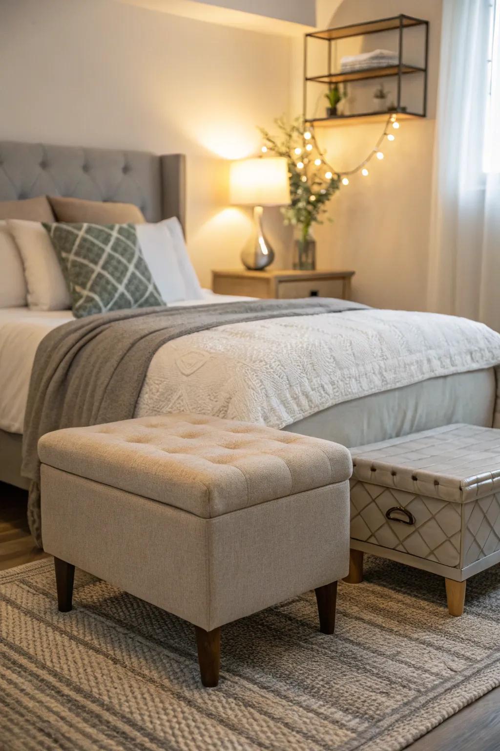 A small ottoman works as a stylish night table.