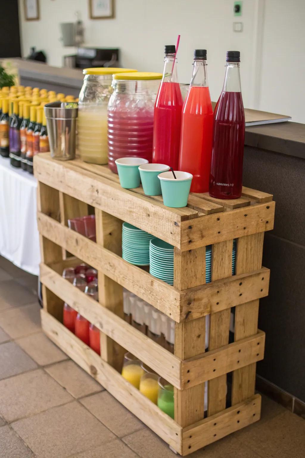 A timber skid presents a budget-conscious drink station.