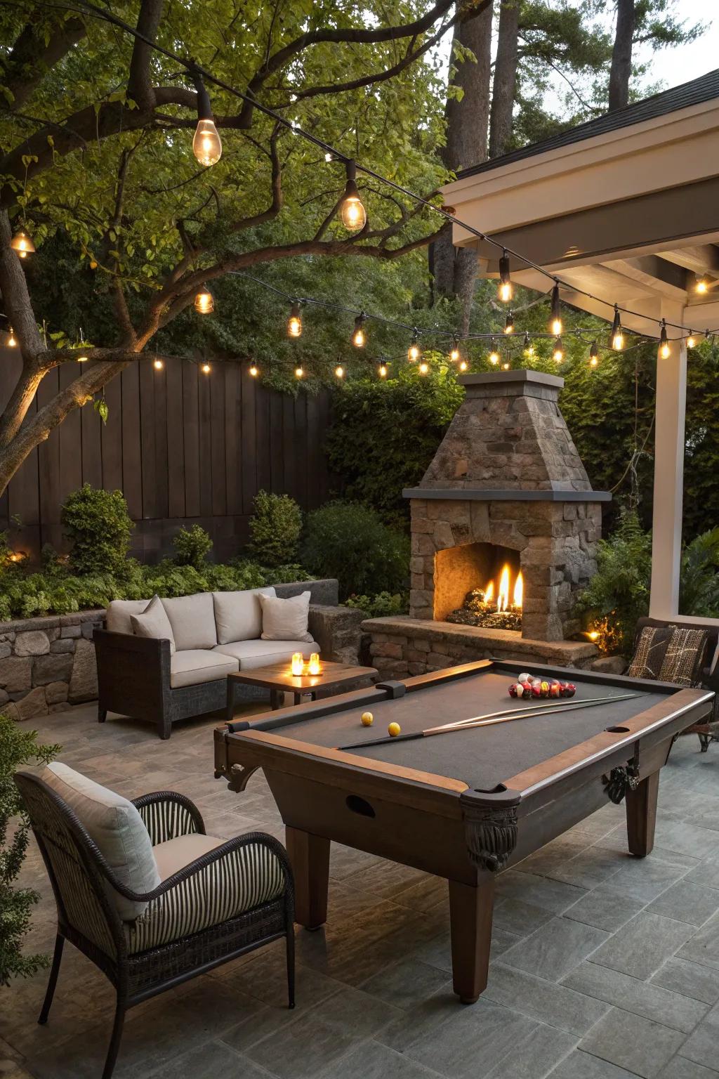 A game table area accompanied by a fire pit, providing heat and ambiance.