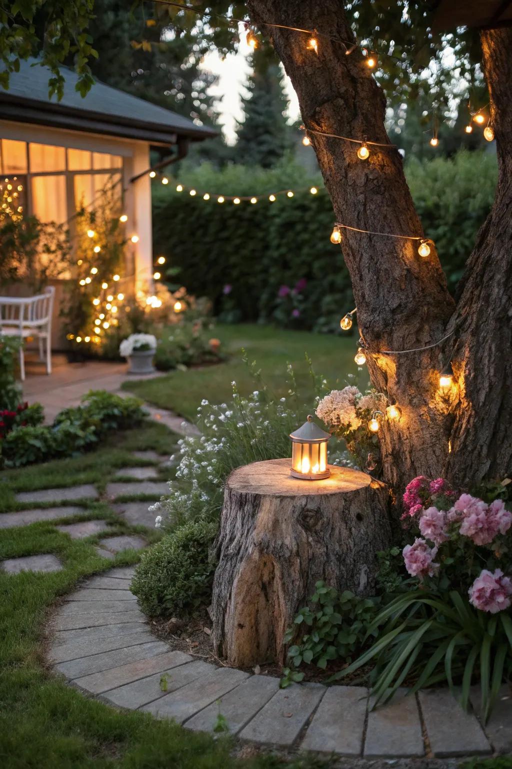 Exterior illumination around a stump elevates evening ambiance.